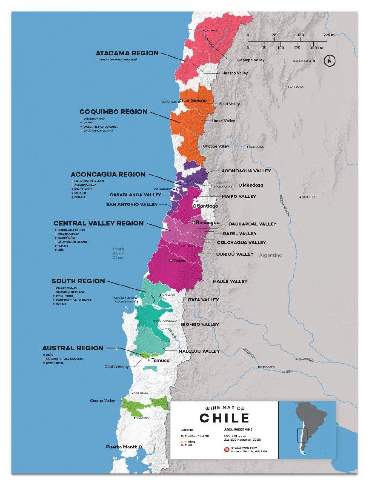 Čīles vīna valstī karte